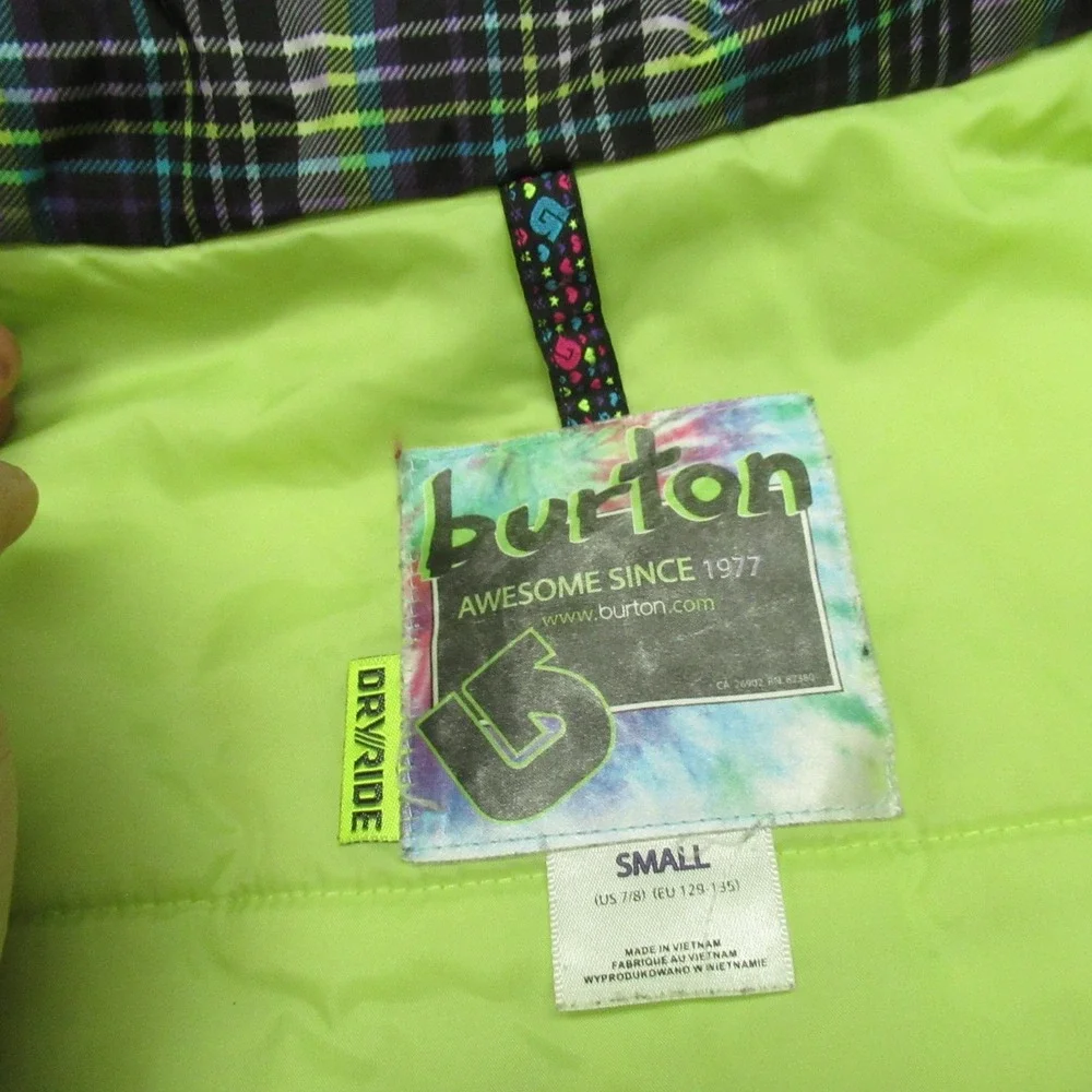 Burton Jacket Kids Small‎ Green Plaid Twist Bomber Dryride Ski Snowboard Winter